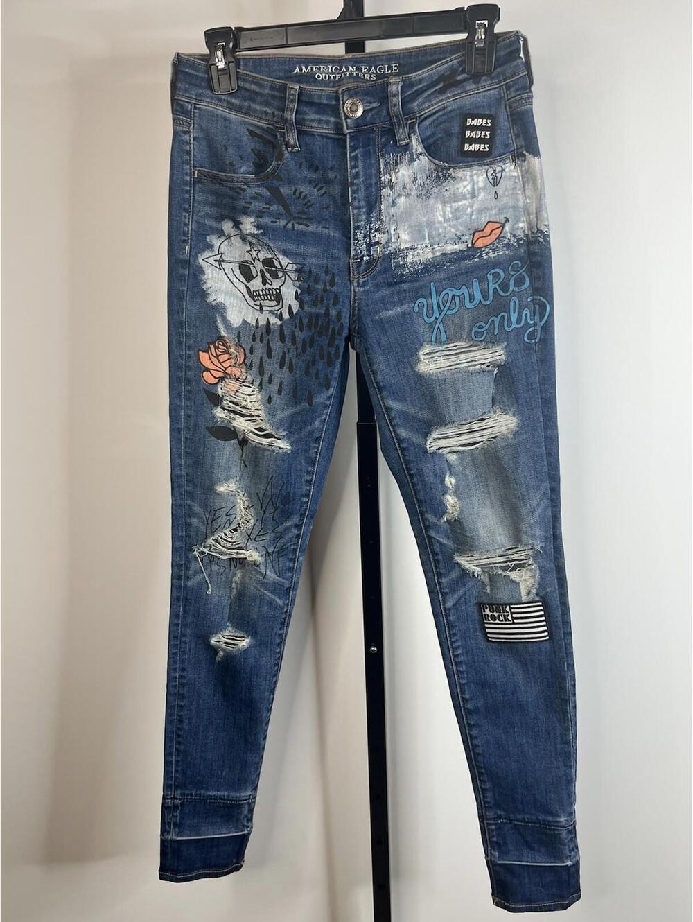 American Eagle 1810-6496 High Rise Distressed Graffiti Punk Y2K Jeggings Size 6 - Picture 2 of 15
